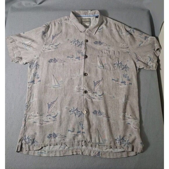 Tommy Bahama Camp Shirt Men XL Silk Hawaiian Nautical Marlin Palm Trees Soft EUC - Picture 1 of 7